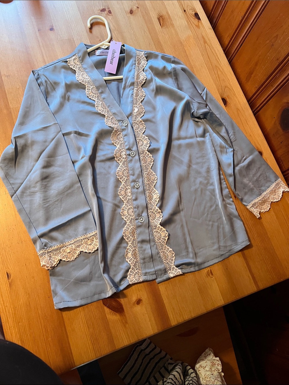 Lace-Trim Satin Pajama Set in Powder Blue by Unbranded - Picture 3 of 4